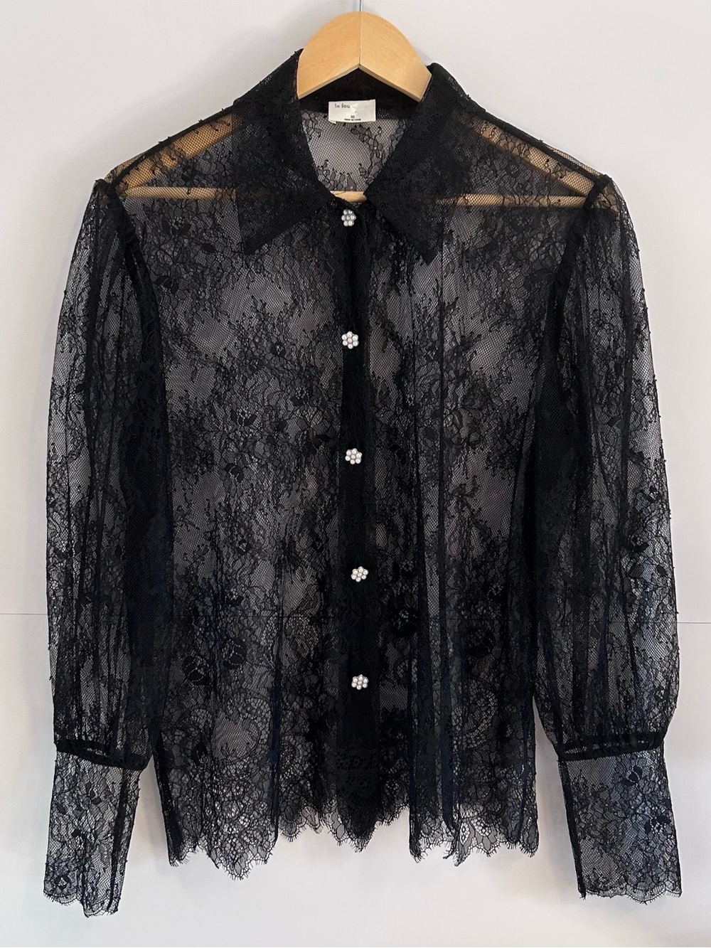 Aritzia Le Fou Wilfred Plié Lace Blouse Black XS Pearl Button Sheer Floral Top - Picture 2 of 10